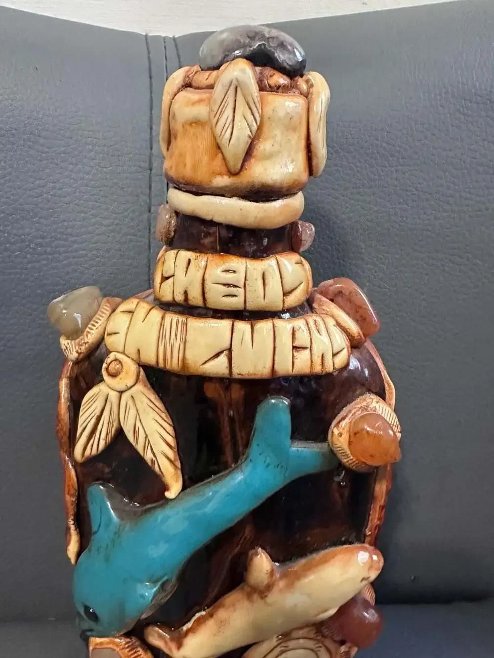 Handmade Mexican Aztec/Mayan Style Folk Art Decanter Bottle Dolphin Gem Accents